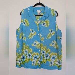 Easy Spirit Vintage Linen Tencel Floral Button Front Sleeveless Collar Blouse 2X